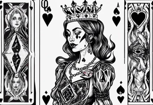 queen of hearts card with the queen holding a diamond and crying black tears, with blank eyes tattoo idea