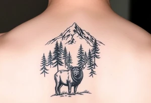 mountain scene with evergreen trees and foreground bull elk at base tattoo idea