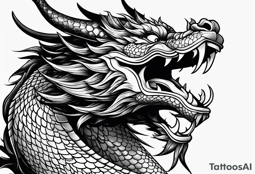 Chinese dragon mouth closed, black, shoulder tattoo idea