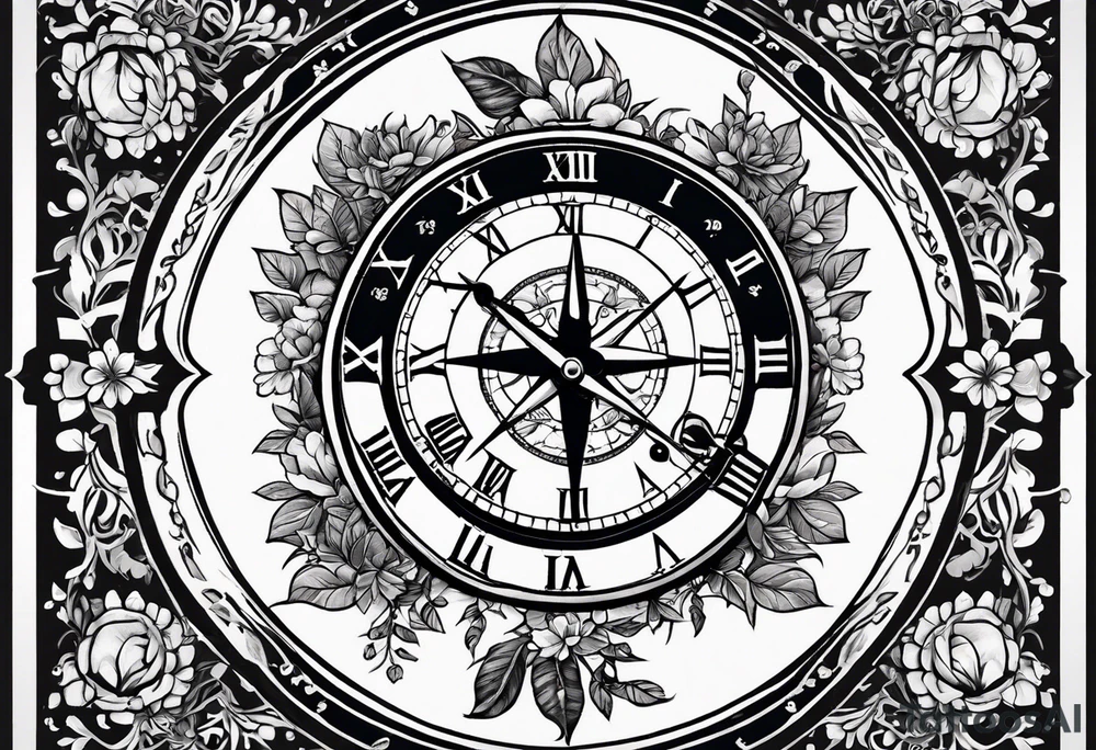 combination of a nautical compass and a old school clock face, and a doctor bird and tree of life and decorated with lignum vitae flowers, 3/4 sleeve on arm, flowing down the arm tattoo idea