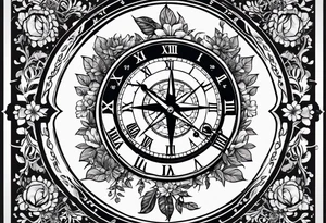 combination of a nautical compass and a old school clock face, and a doctor bird and tree of life and decorated with lignum vitae flowers, 3/4 sleeve on arm, flowing down the arm tattoo idea