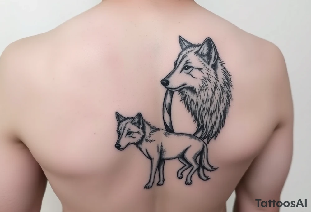 A solitary yet sublime and noble wolf and its progeny. tattoo idea