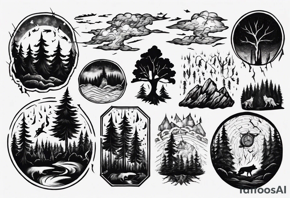 a thunder and lightning storm over a forest with a distant wolf howling and a drum circle tattoo idea a thunder and lightning storm over a forest with a distant wolf howling and a drum circle tattoo idea