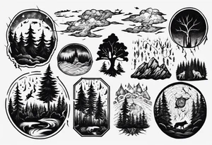 a thunder and lightning storm over a forest with a distant wolf howling and a drum circle tattoo idea