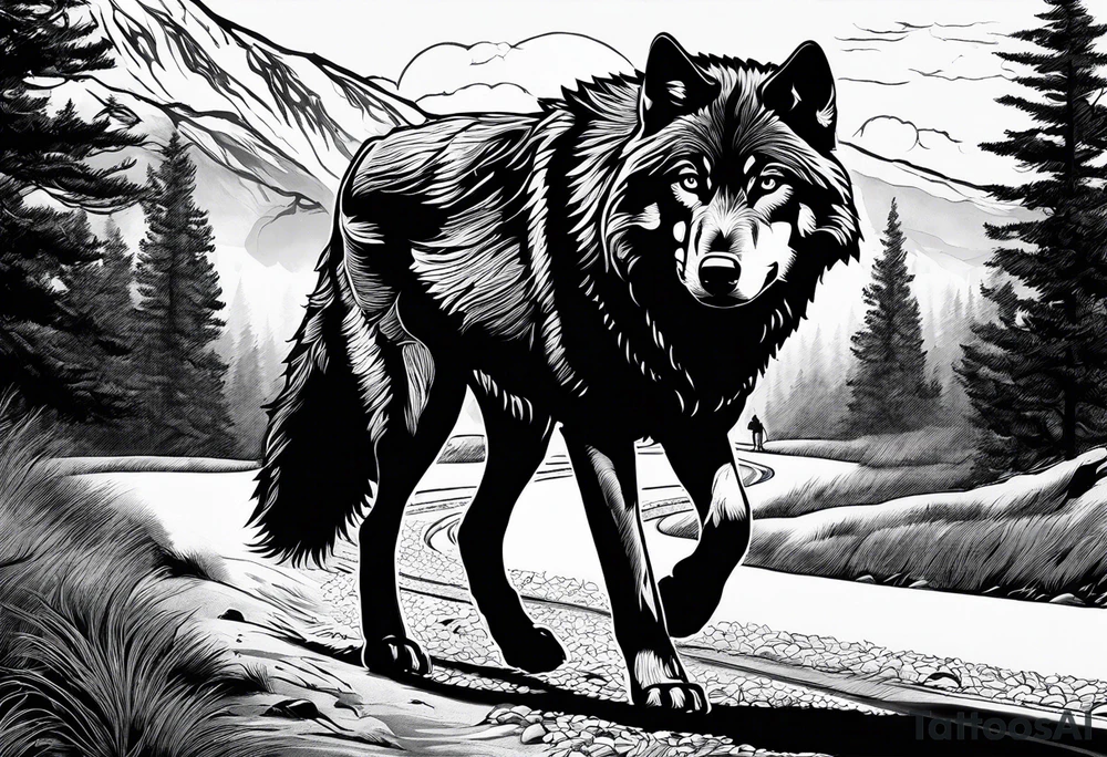 Lone wolf on a path or road. A pack of animals on the opposite end of road. tattoo idea