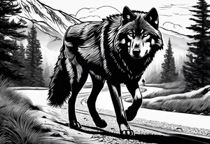 Lone wolf on a path or road. A pack of animals on the opposite end of road. tattoo idea