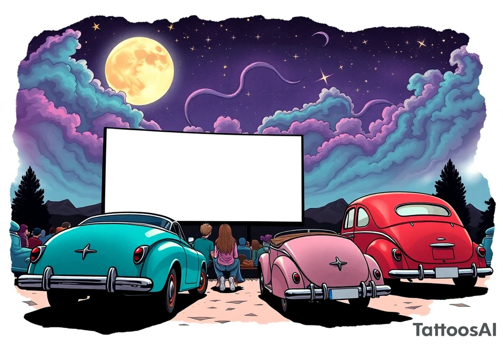 Tim Burton’s 40s drive in movie from outside view has lots of cute pastel vintage cars and couples watching the movie and dripping with muted reds, dusty pinks, and eerie green glow purple and cyan smokey clouds swirl and dance in the moonlit night sky filled with twinkling stars  tattoo idea tattoo idea