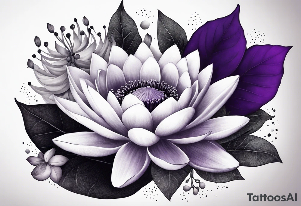 bouquet of violet, water lily, and holly tattoo idea