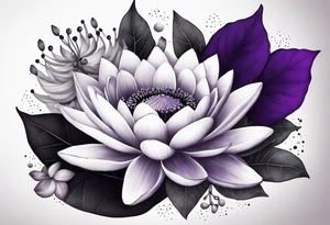 bouquet of violet, water lily, and holly tattoo idea