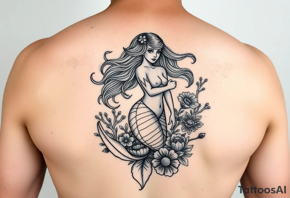 ethereal mermaid with flowing hair among coral and sea flowers tattoo idea