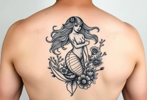 ethereal mermaid with flowing hair among coral and sea flowers tattoo idea