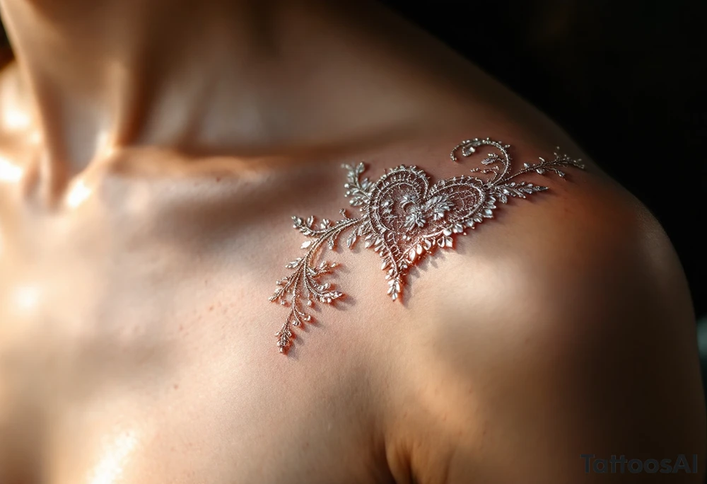 A delicate lace heart, embroidered in shimmering silver, casting soft shadows on the skin for a realistic fabric effect. tattoo idea