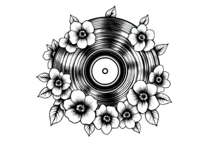 vinyl record surrounded by flowers tattoo idea