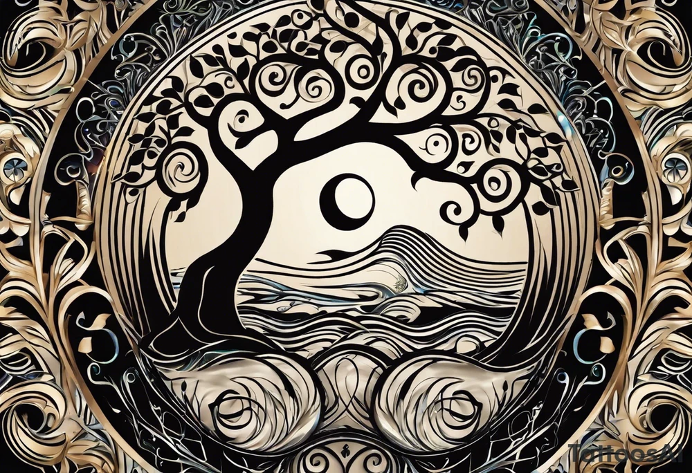 A tattoo design that incorporates the following elements: an abstract tree of life that has roots emerging  from the ground. Waves of water encapsulate the tree and wind around it in an organic way.  Incorporate music.   the letters U and A are overlapping and engraved into the tree. a golf ball incorporated but not prominent. tattoo idea