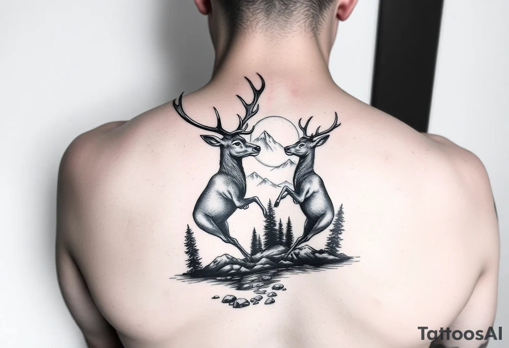 Quarter sleeve arm tattoo Black and grey realism Nature scene with two stags fighting in the foreground include mountains water and trees tattoo idea