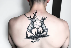 Quarter sleeve arm tattoo Black and grey realism Nature scene with two stags fighting in the foreground include mountains water and trees tattoo idea