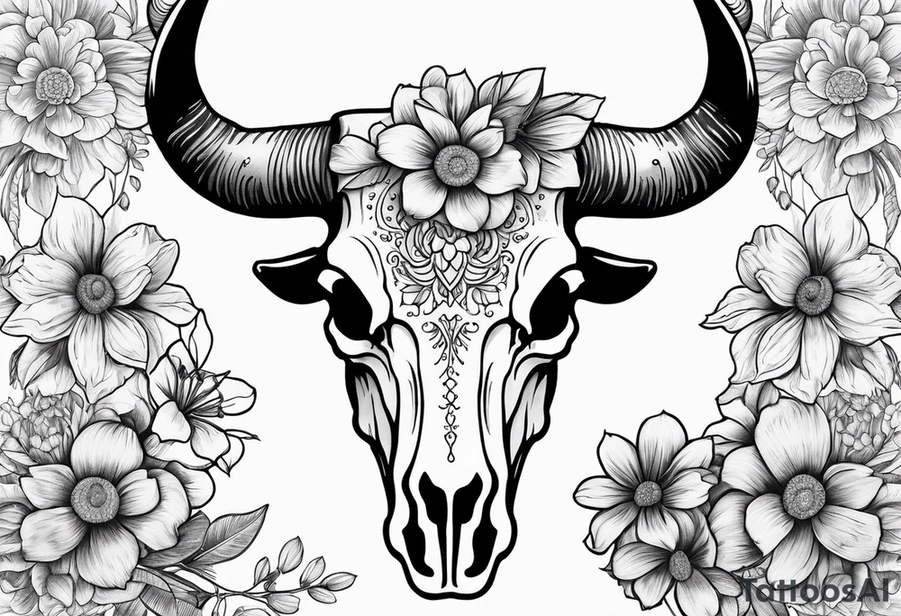 Detailed drawing of a longhorn skull surrounded by detailed flowers tattoo idea