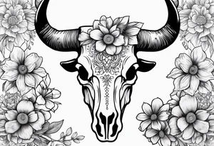 Detailed drawing of a longhorn skull surrounded by detailed flowers tattoo idea