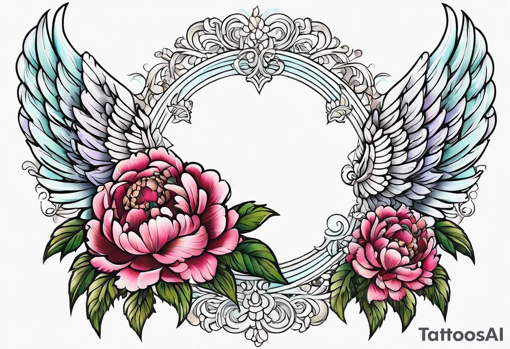 beautiful angel wings with colorful, peonies. beautiful flilligree in the background , full color, traditional old school , white background tattoo idea