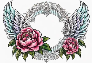 beautiful angel wings with colorful, peonies. beautiful flilligree in the background , full color, traditional old school , white background tattoo idea