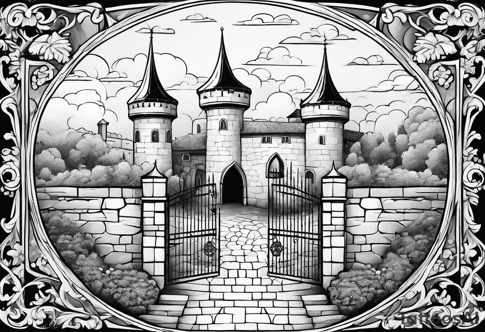 sky medieval town garden with towers small houses gate entrance clouds
 in rounded vignette tattoo idea