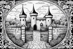 sky medieval town garden with towers small houses gate entrance clouds
 in rounded vignette tattoo idea