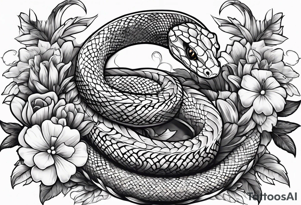 snakein the shape of an s with flowers tattoo idea
