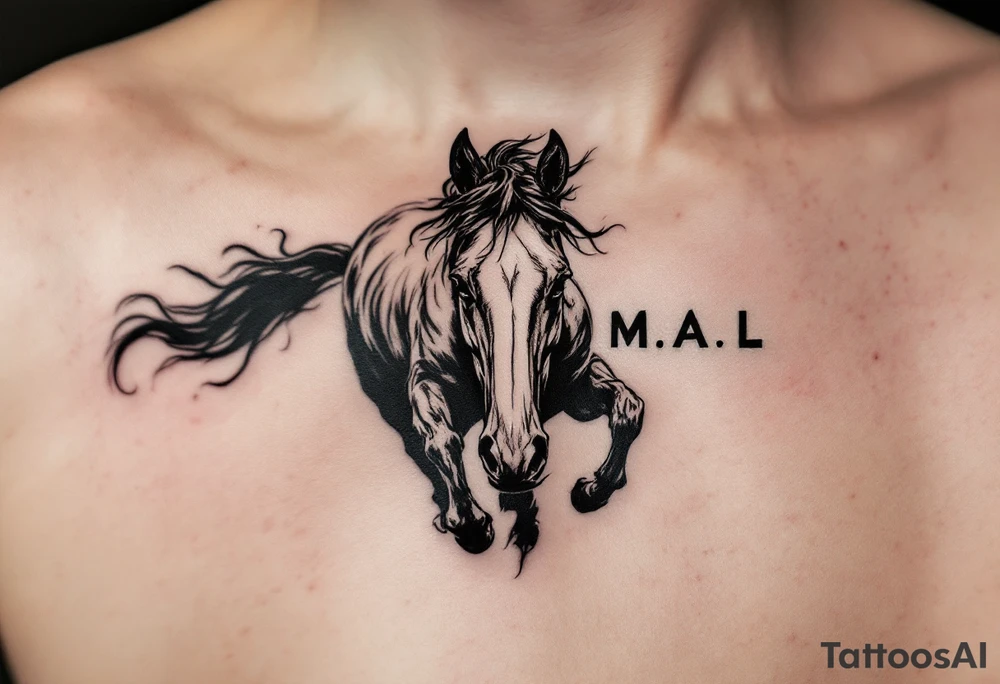 horse silhouette 
from the front which gallops from the front, with the 3 small letters discreetly integrated: M, A, L tattoo idea