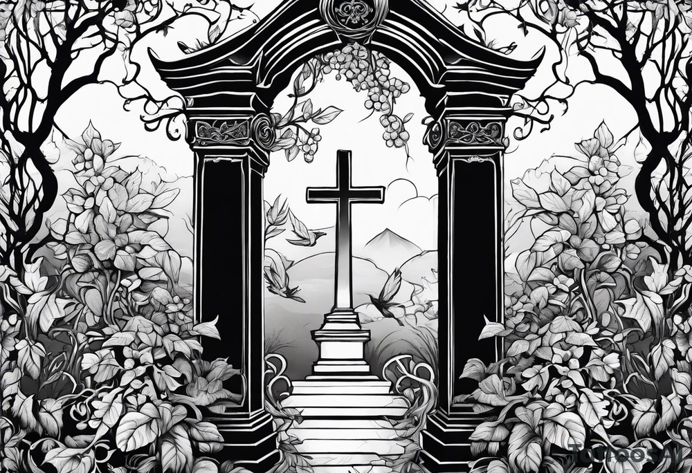 Leafy vines with grave yard tattoo idea