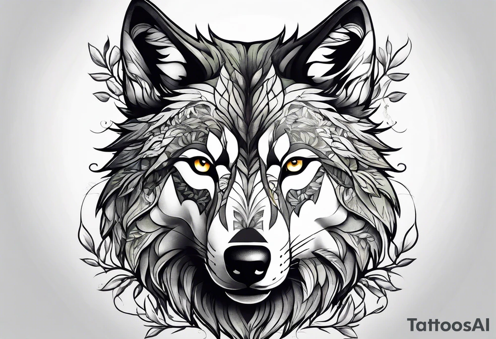 Wolf drawn with olive tree branches and leaves tattoo idea