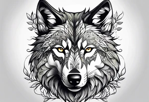 Wolf drawn with olive tree branches and leaves tattoo idea