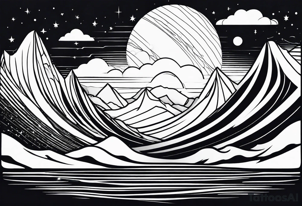 line art mountain vs space with waves in horizontal view tattoo idea line art mountain vs space with waves in horizontal view tattoo idea