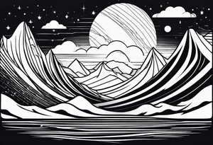 line art mountain vs space with waves in horizontal view tattoo idea