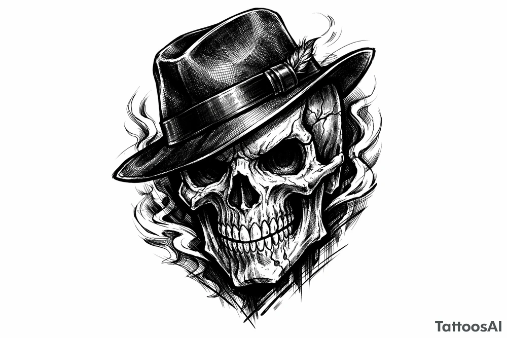 A stylized skull with a tilted gangster hat, bold lines, vibrant colors. tattoo idea