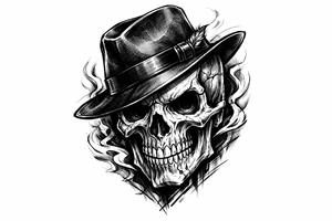 A stylized skull with a tilted gangster hat, bold lines, vibrant colors. tattoo idea