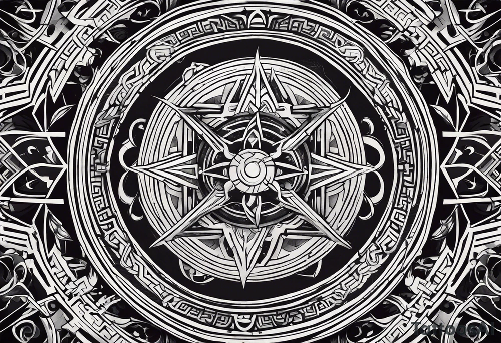 A half-and-half tattoo design, where one half features intricate geometric and mystical symbols inspired by Doctor Strange, with detailed line work or tribal patterns. The other half could integrate another element, such as a philosophical word from Asian languages, adding depth and personal meaning. The design balances mystical symbols with reflective, life-oriented themes tattoo idea