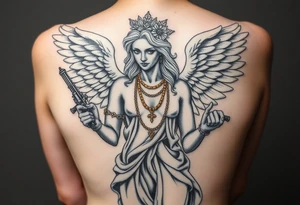 old angel statue in criminal style, tattooed and at the same time contemporary, weapons in hand, gangster-style gold necklaces tattoo idea