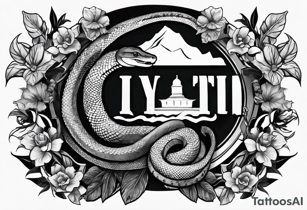 arm sleeve tattoo with a snake, gun, weed symbol that says HYDRA tattoo idea