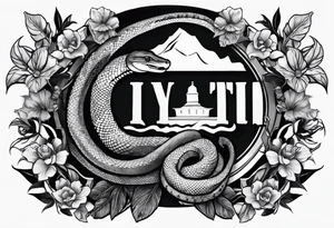 arm sleeve tattoo with a snake, gun, weed symbol that says HYDRA tattoo idea