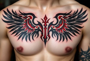 Bold gothic lettering in deep crimson ink, flanked by black raven wings spreading outward on the chest. tattoo idea