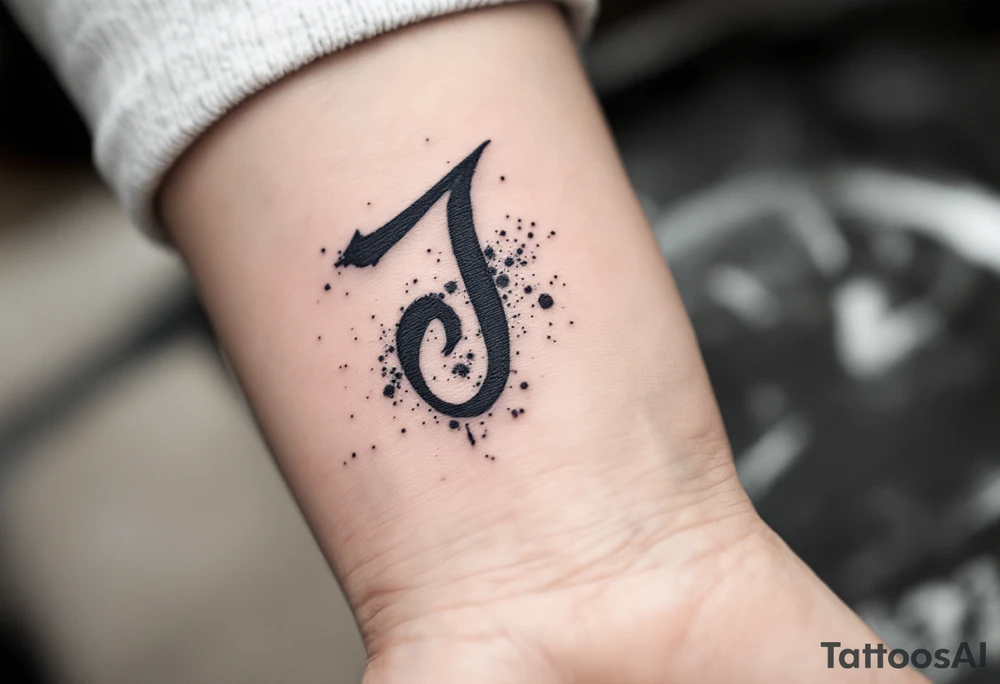 Handwritten "J" in charcoal black with soft gray shading and ink splatter. tattoo idea