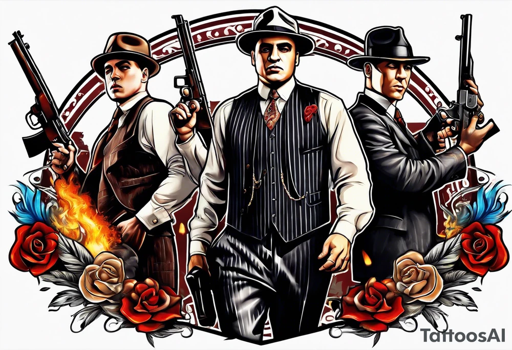 group of gangsters  with bonnie & clyde with Al Capone and machine gunns with smoke and fire tattoo idea