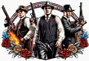 group of gangsters  with bonnie & clyde with Al Capone and machine gunns with smoke and fire tattoo idea