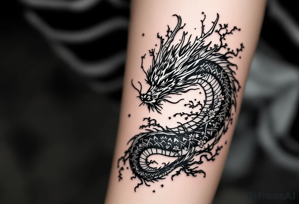 detailed dragon japanese style sakura trees abstract lines dark/rough aesthetic tattoo idea