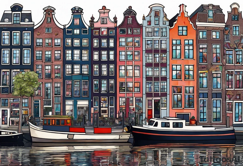 animals made of glass in Amsterdam featuring Amsterdam buildings and canal in galaxy colours featuring pineapples and birds tattoo idea