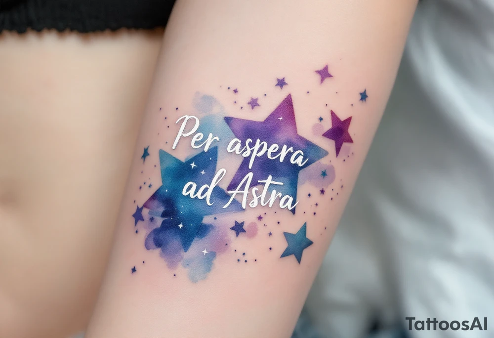 A celestial forearm piece features “Per aspera ad Astra” in silver cursive beneath blue-and-purple watercolor stars. tattoo idea