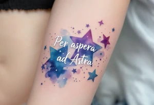 A celestial forearm piece features “Per aspera ad Astra” in silver cursive beneath blue-and-purple watercolor stars. tattoo idea