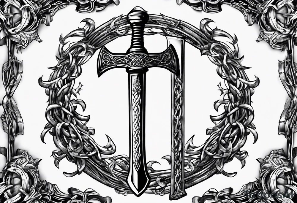 Valhalla sword shield axe barbed wire chains dark cloud tattoo idea