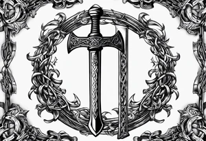 Valhalla sword shield axe barbed wire chains dark cloud tattoo idea