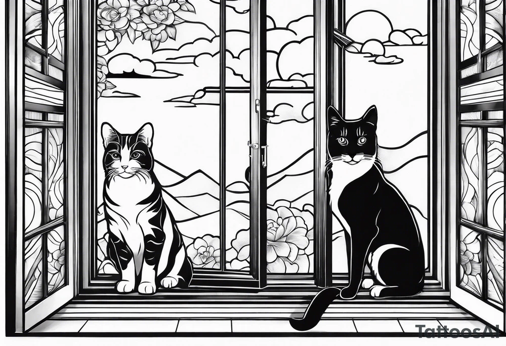 dog and cat looking out tall window together tattoo idea